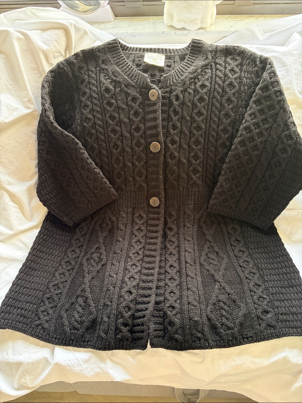Irish Wool Cable Knit Black Cardigan Sweater - Picture 3 of 8